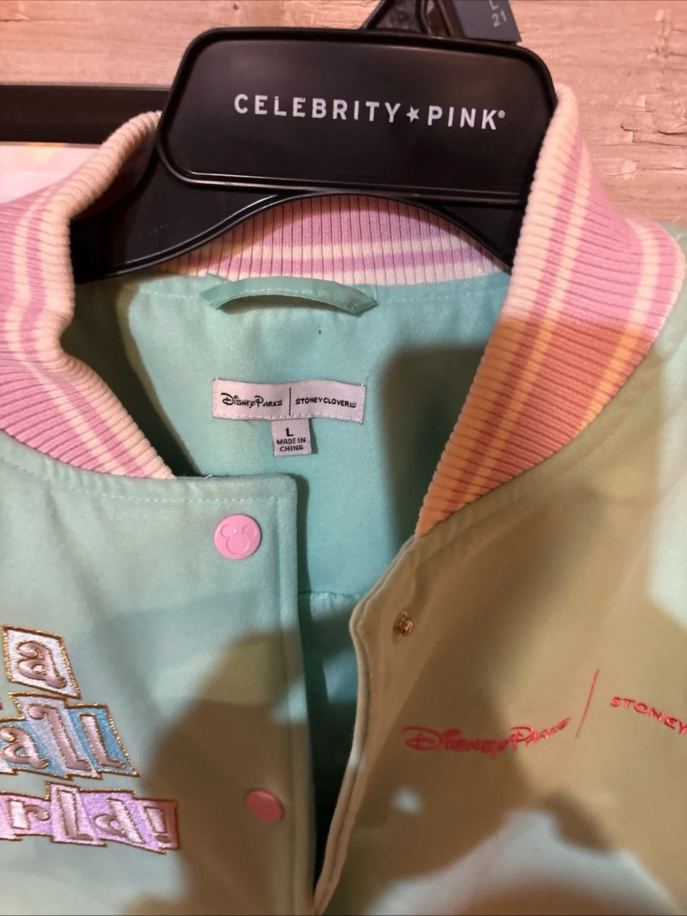 Celebrity Pink Mint, Cream & Pink Varsity Jacket - 'It's a Small World' Patch